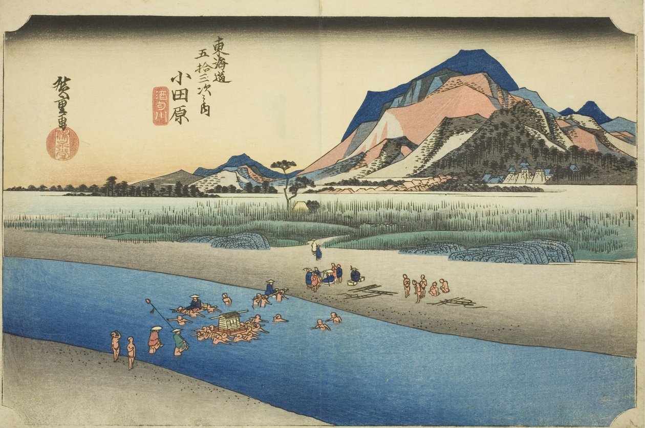 Odawara: O Rio Sakawa (Odawara, Sakawagawa), da série "Cinquenta e três estações da estrada Tokaido (Tokaido gojusan tsugi no uchi)", também conhecido como Hoeido Tokaido de Utagawa Hiroshige