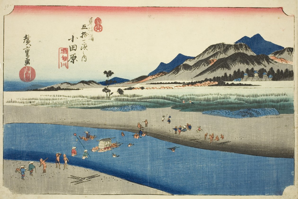 Odawara: O Rio Sakawa (Odawara, Sakawagawa), da série "Cinquenta e três estações da estrada Tokaido (Tokaido gojusan tsugi no uchi)", também conhecido como Hoeido Tokaido de Utagawa Hiroshige