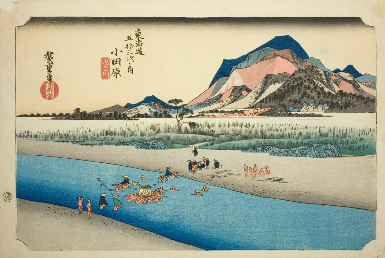 Odawara: O Rio Sakawa (Odawara, Sakawagawa), da série "Cinquenta e três estações da estrada Tokaido (Tokaido gojusan tsugi no uchi)", também conhecido como Hoeido Tokaido de Utagawa Hiroshige