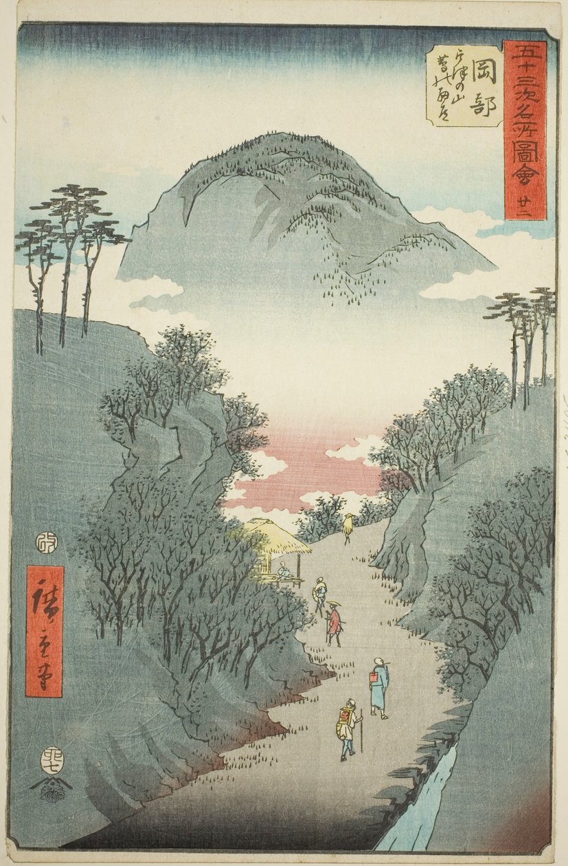 Okabe: Estrada estreita coberta de hera no Monte Utsu (Okabe, Utsu no yama tsuta no hosomichi), nº. 22 da série "Famous Sights of the Fifty-three Stations (Gojusan tsugi meisho zue)", também conhecido como Vertical Tokaido de Utagawa Hiroshige