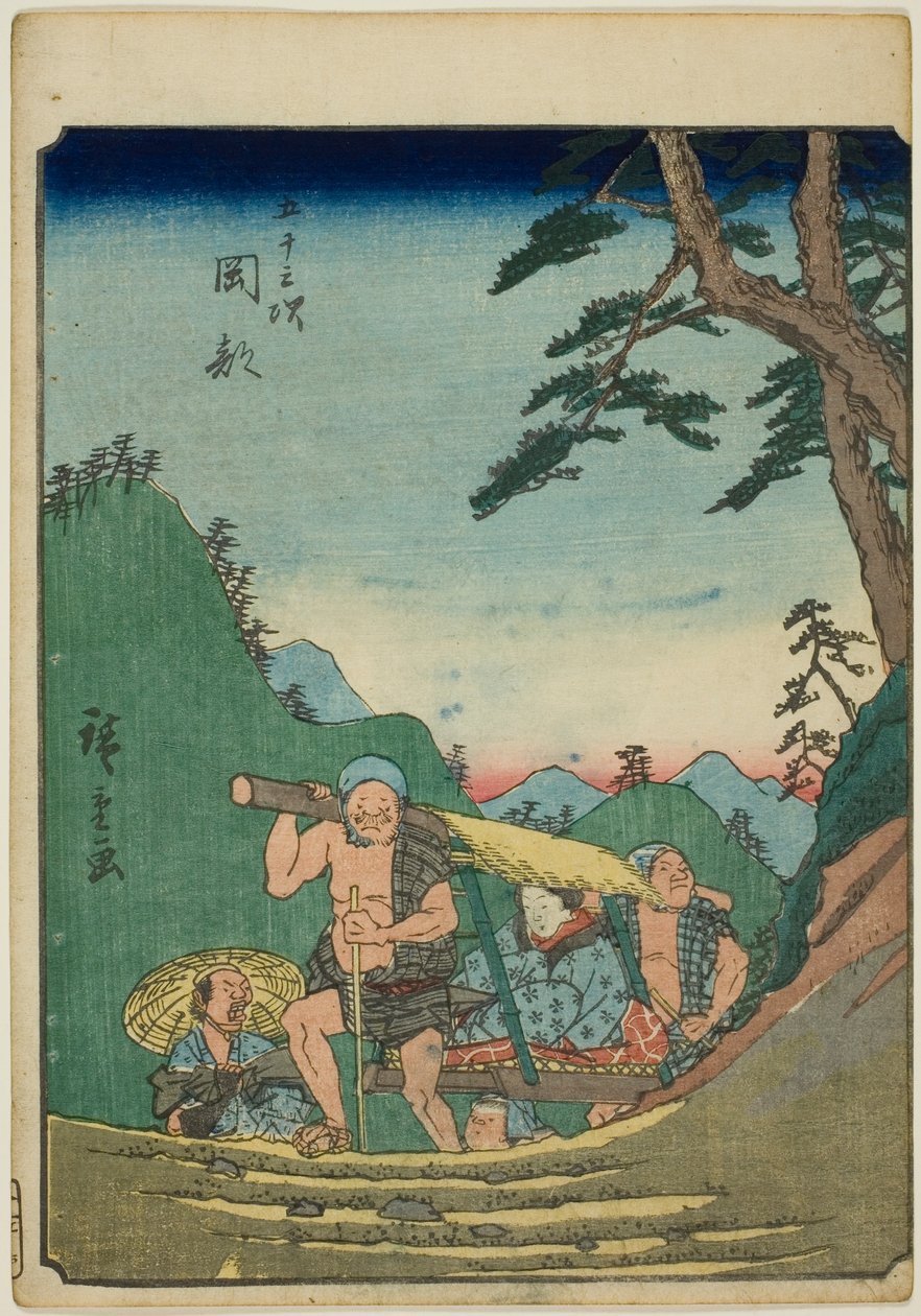 Okabe, from the series "Fifty-three Stations [of the Tokaido] (Gojusan tsugi)," also known as the Figure Tokaido (Jinbutsu Tokaido) de Utagawa Hiroshige