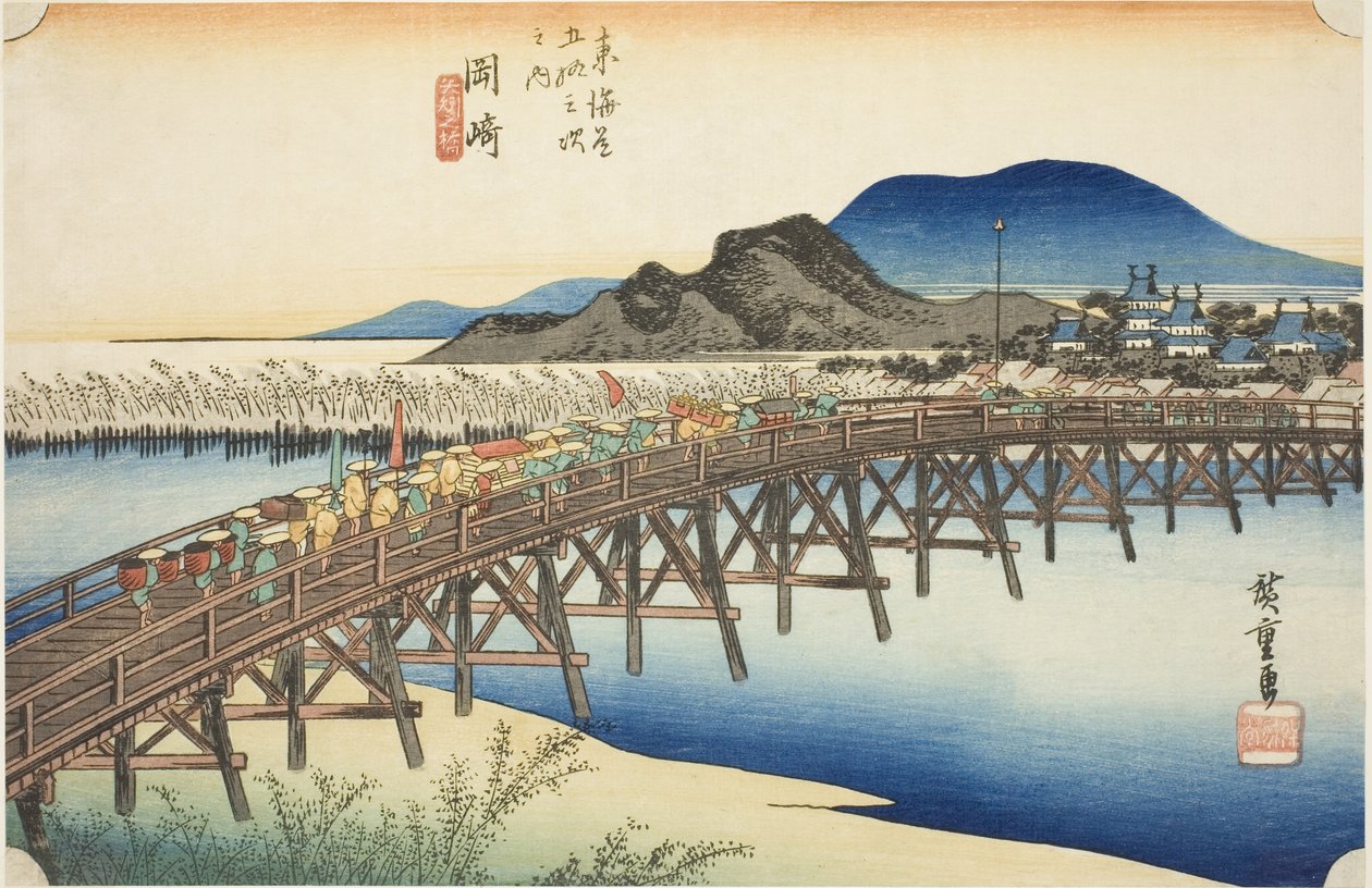 Okazaki: Ponte Yahagi (Okazaki, Yahagi no hashi), da série "Cinquenta e três estações do Tokaido (Tokaido gojusan tsugi no uchi)", também conhecido como Hoeido Tokaido de Utagawa Hiroshige