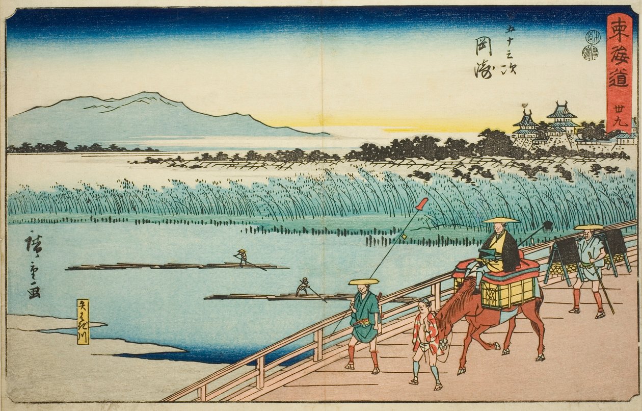 Okazaki: Rio Yahagi (Okazaki, Yahagigawa)—Nº 39, da série "Cinquenta e três estações do Tokaido (Tokaido gojusan tsugi)", também conhecido como Reisho Tokaido de Utagawa Hiroshige
