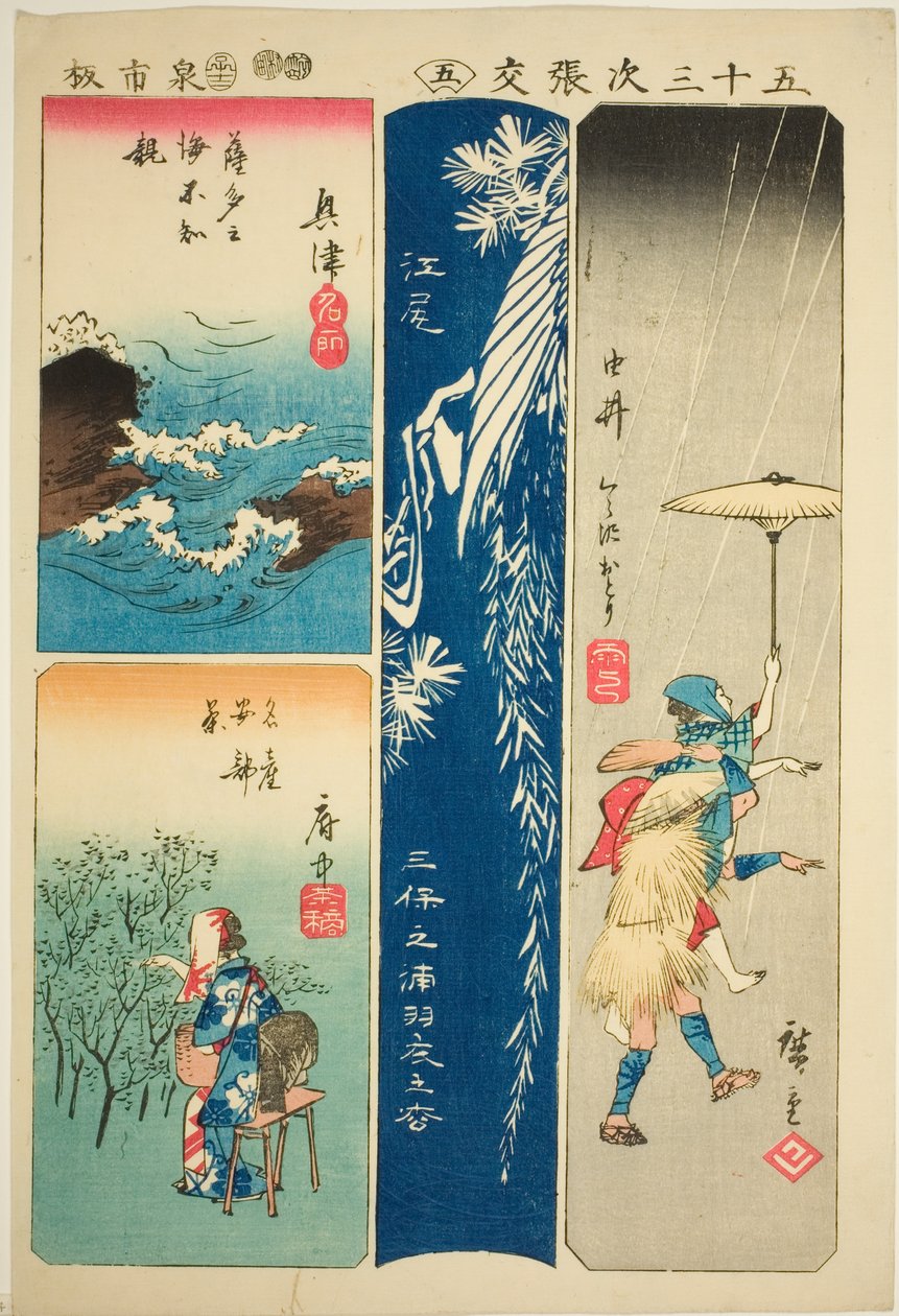 Okitsu, Ejiri, Yui e Fuchu, não. 5 da série "Recortes das Cinquenta e Três Estações (Gojusan tsugi harimaze)" de Utagawa Hiroshige