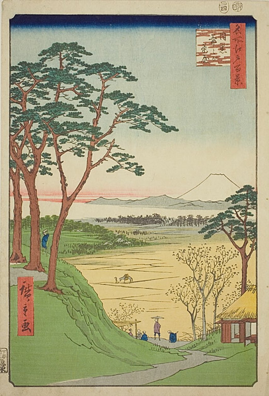 Casa de Chá do Velho, Meguro (Meguro Jijigachaya), n.º 84 da série "Cem Vistas Famosas de Edo (Meisho Edo hyakkei)" de Utagawa Hiroshige