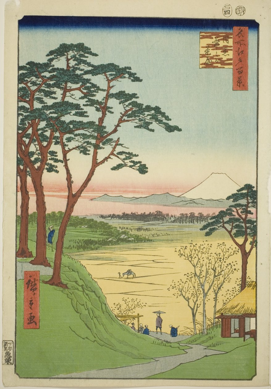 Casa de Chá do Velho, Meguro (Meguro Jijigachaya), da série "Cem Vistas Famosas de Edo (Meisho Edo hyakkei)" de Utagawa Hiroshige