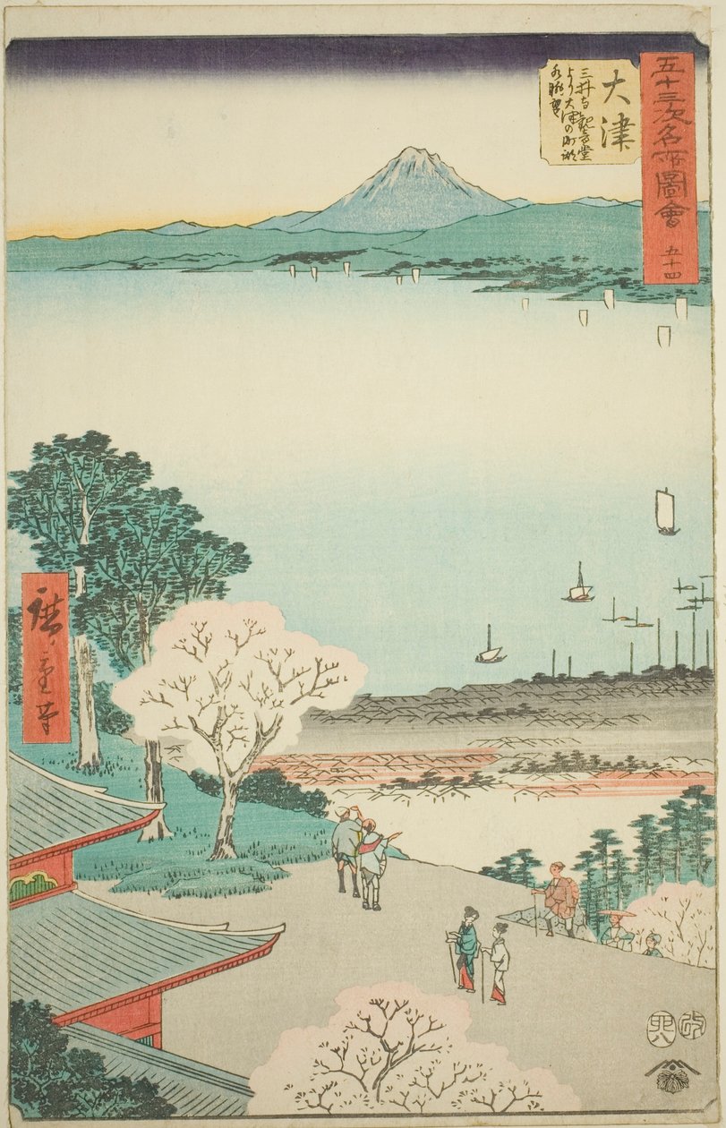 Otsu: Vista Distante de Otsu e do Lago do Salão Kannon do Templo Mii (Otsu, Miidera Kannondo Yori Otsu No Machi Kosui Chobo), nº. 54 da série "As Famosas Vistas das Cinquenta e Três Estações (Gojusan Tsugi Meisho Zue)", também conhecida como Vertical To de Utagawa Hiroshige