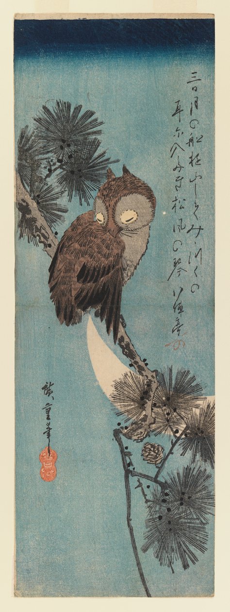 Coruja em um galho de pinheiro, c.1833 (impressão em xilogravura de cor) de Utagawa Hiroshige