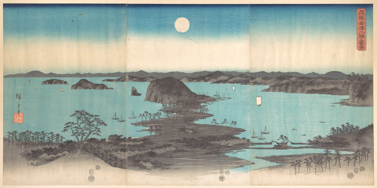 Panorama das oito vistas de Kanazawa sob a lua cheia de Utagawa Hiroshige