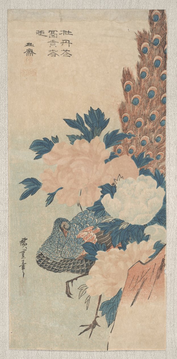 Pavão e peônias, c.1830 de Utagawa Hiroshige