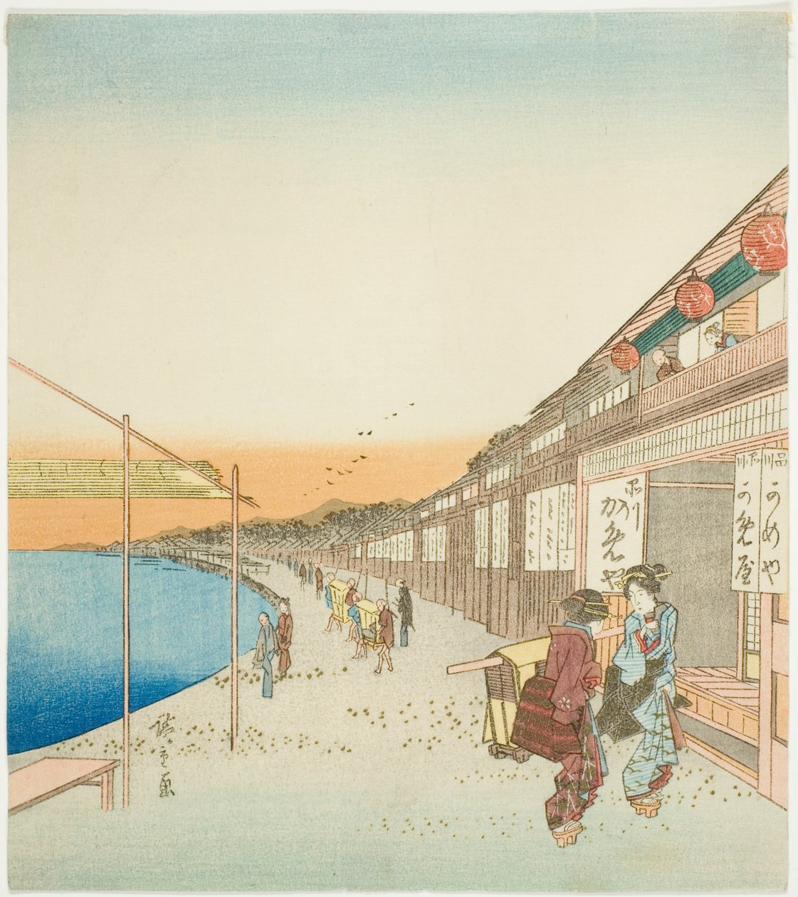 Peões e lojas junto ao porto de Shinagawa de Utagawa Hiroshige