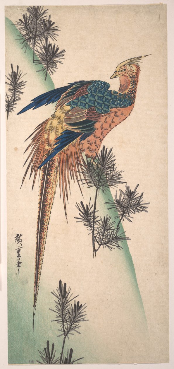 Faisão e pinheiros numa encosta nevada de Utagawa Hiroshige