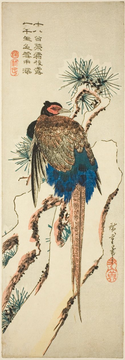 Faisão em um pinheiro coberto de neve de Utagawa Hiroshige