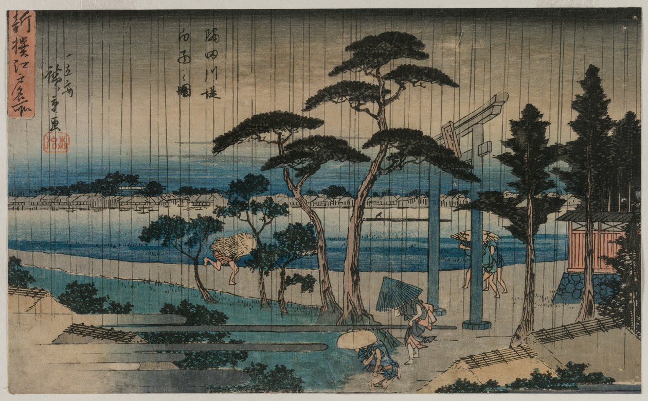 Foto de Chuva Leve na Barragem do Rio Sumida, da série Uma Nova Seleção de Lugares Famosos em Edo de Utagawa Hiroshige