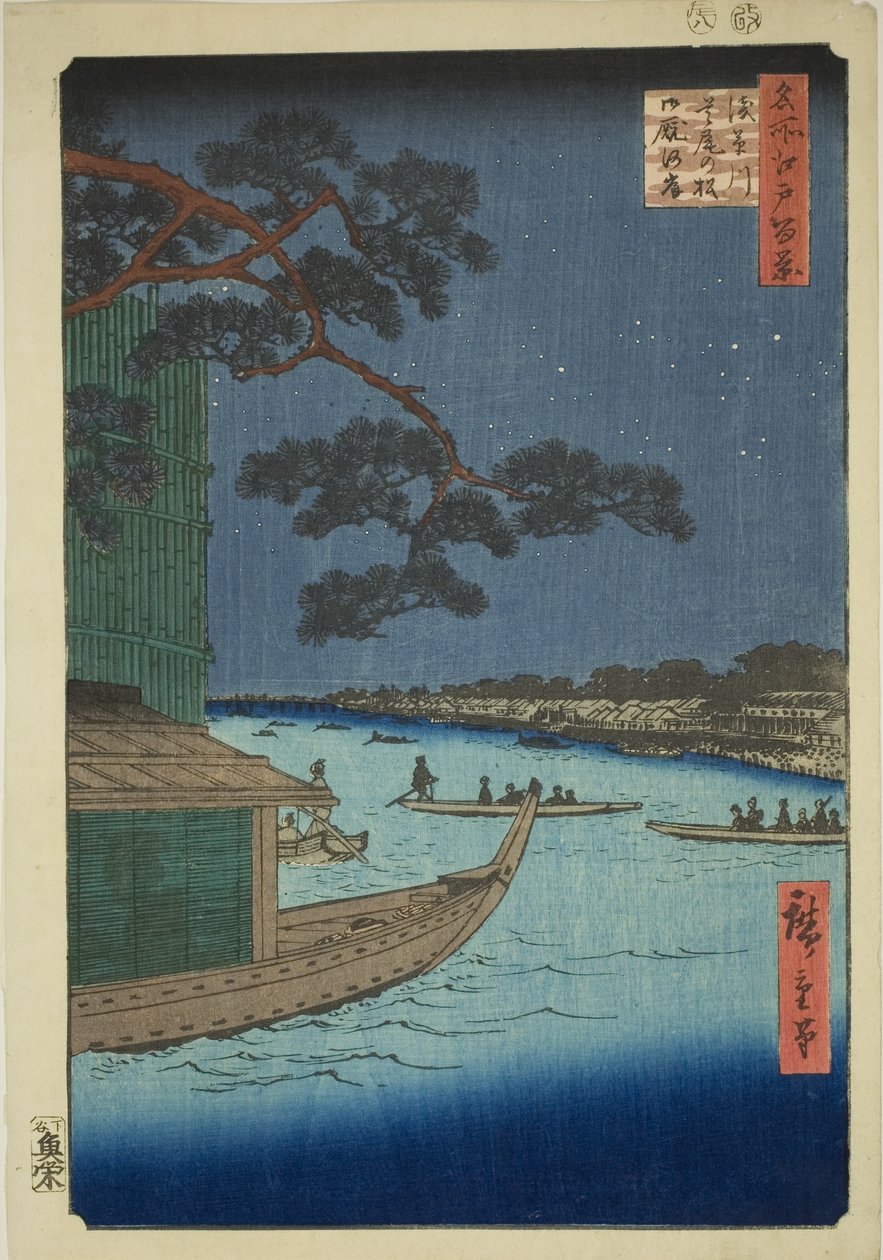 Pine f Sutto s Plan d Umaya, Asakusa River (cavalos de pinheiros de defesa do Rio Asakusa e fome), Cem Vistas de Edo)” de Utagawa Hiroshige
