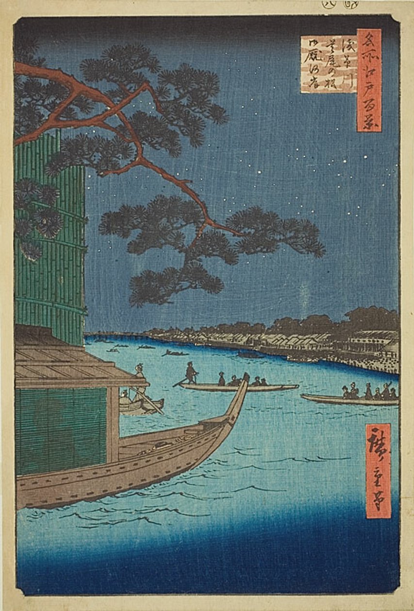 Pinheiro do Sucesso e Oumayagashi, rio Asakusa (Asakusagawa Shubi no matsu Oumayagashi), n.º 61 da série "Cem vistas famosas de Edo (Meisho Edo hyakkei)" de Utagawa Hiroshige