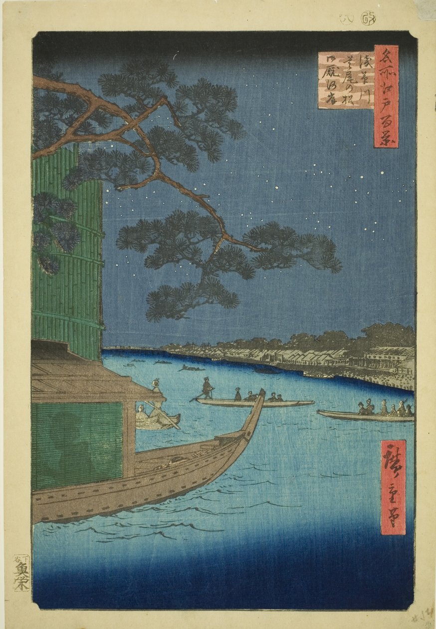 Pine f Sutto s Plan d Umaya, Rio Asakusa (cavalos de pinheiros de defesa do Rio Asakusa e fome), Cem Vistas de Edo)” de Utagawa Hiroshige
