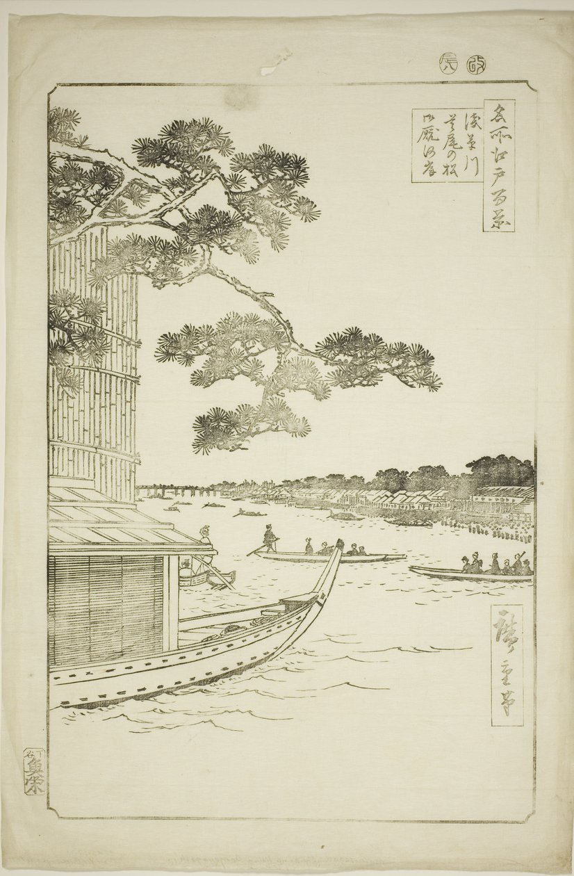 Pine f Sutto s Plan d Umaya, Asakusa River (cavalos de pinheiros de defesa do Rio Asakusa e fome), Cem Vistas de Edo)” de Utagawa Hiroshige