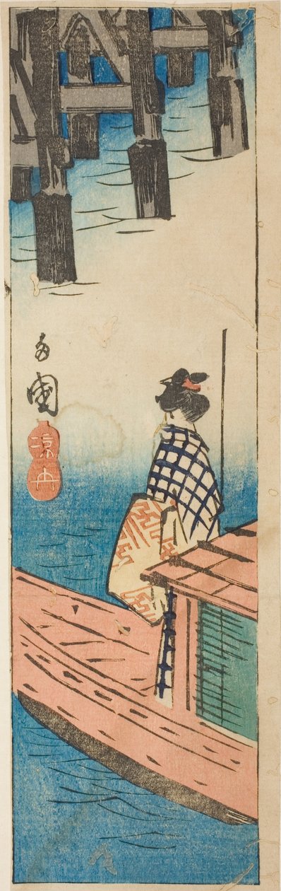 Barco de Prazer na Ponte Ryogoku (Ryogoku suzumibune), seção de uma folha da série "Recortes de Lugares Famosos em Edo (Harimaze Koto meisho)" de Utagawa Hiroshige