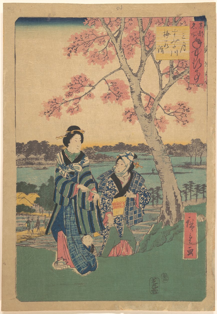 Observação das flores de ameixeira no terceiro mês junto ao rio Sumida, da série Eventos anuais em locais célebres da capital oriental (Tōto meisho nenjū gyōji sangatsu sumitagawa waka mōde) de Utagawa Hiroshige