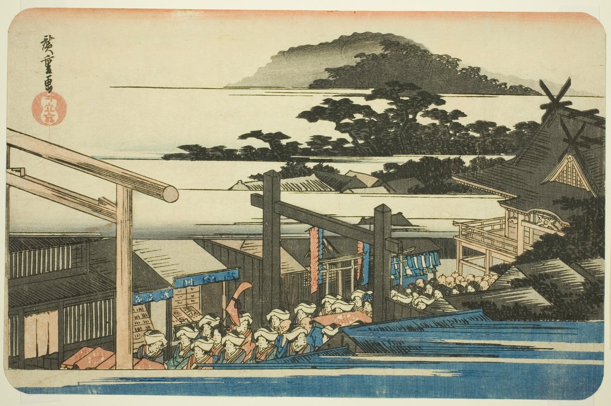 Prédios do Santuário Shiba Shinmei (Shiba Shinmei keidai), da série "Lugares Famosos na Capital Oriental (Toto meisho)" de Utagawa Hiroshige