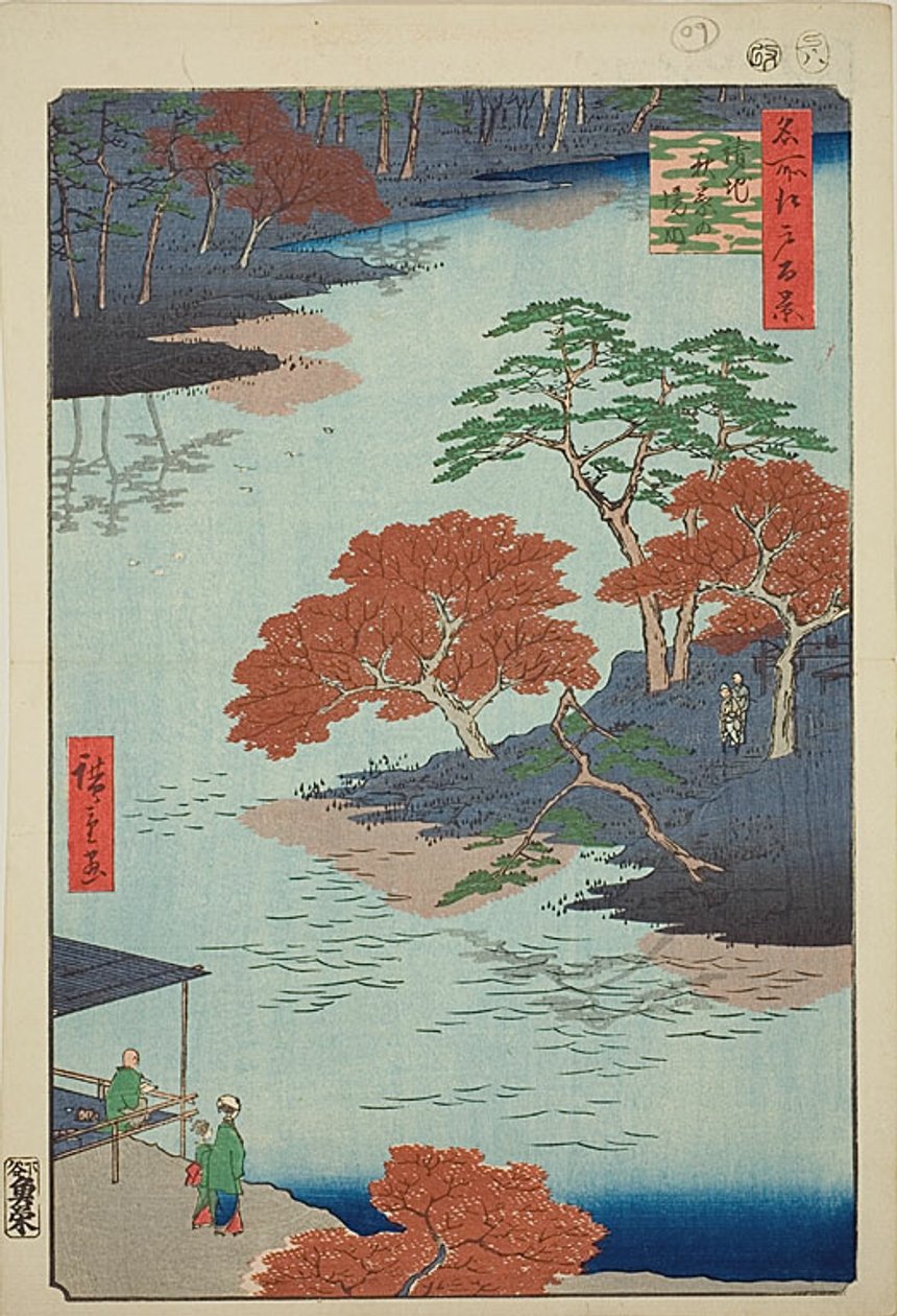 Impressões do Santuário de Akiba, Ukeji (Ukeji Akiba no keidai), n.o 91 da série "Cem vistas famosas de Edo (Meisho Edo hyakkei)" de Utagawa Hiroshige