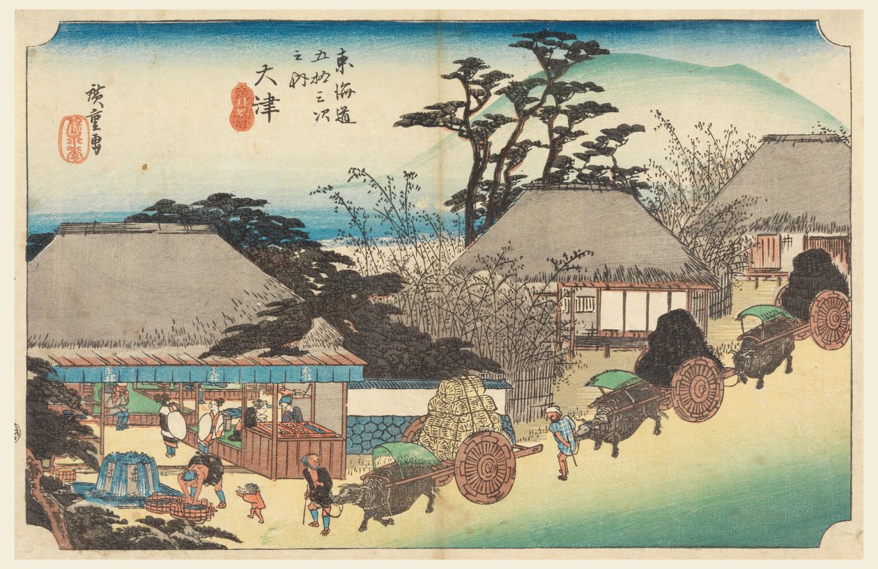 Gravura, Fonte da Casa de Chá de Otsu, em As Cinquenta e Três Estações da Estrada Tokaido (Tokaido Gojusan Tsugi-no Uchi), ca. 1834 de Utagawa Hiroshige