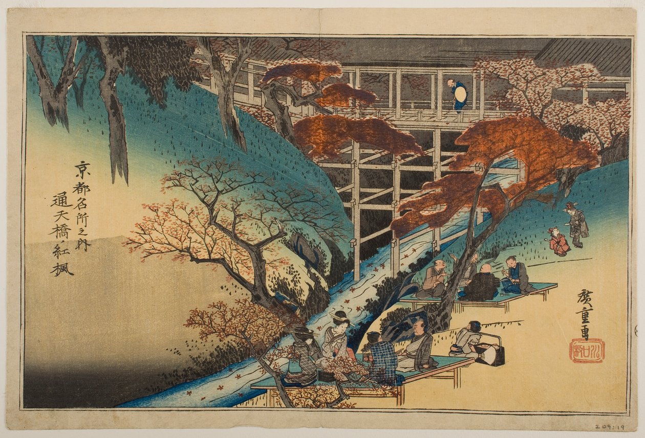 Áceres vermelhos junto à ponte Tsūten, da série «Lugares famosos de Kyōto» de Utagawa Hiroshige