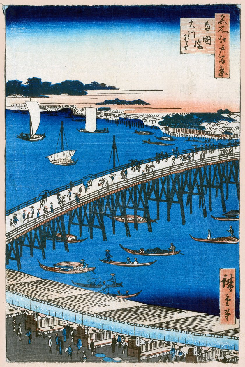 Margem do rio na ponte Ryogoku cem vistas famosas de Edo, 1856-1858. de Utagawa Hiroshige