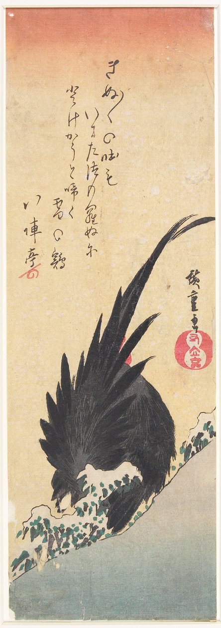 Galo numa encosta coberta de neve de Utagawa Hiroshige
