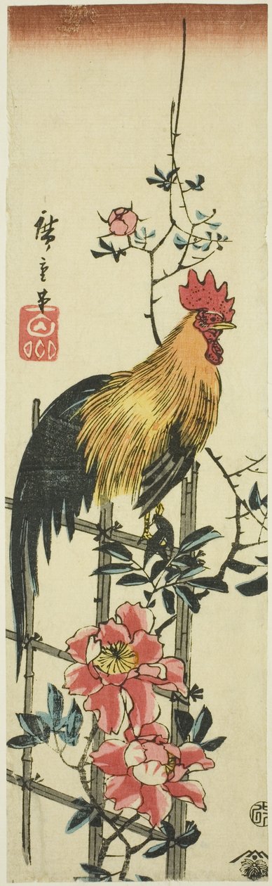 Galo empoleirado na treliça de rosas de Utagawa Hiroshige