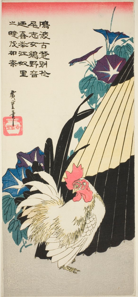 Galo, guarda-chuva e glórias da manhã de Utagawa Hiroshige