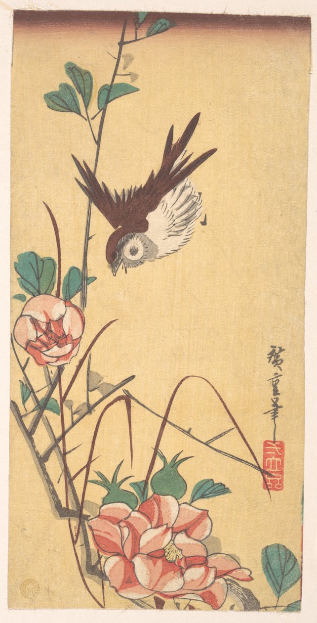 Rosas e pardal de Utagawa Hiroshige