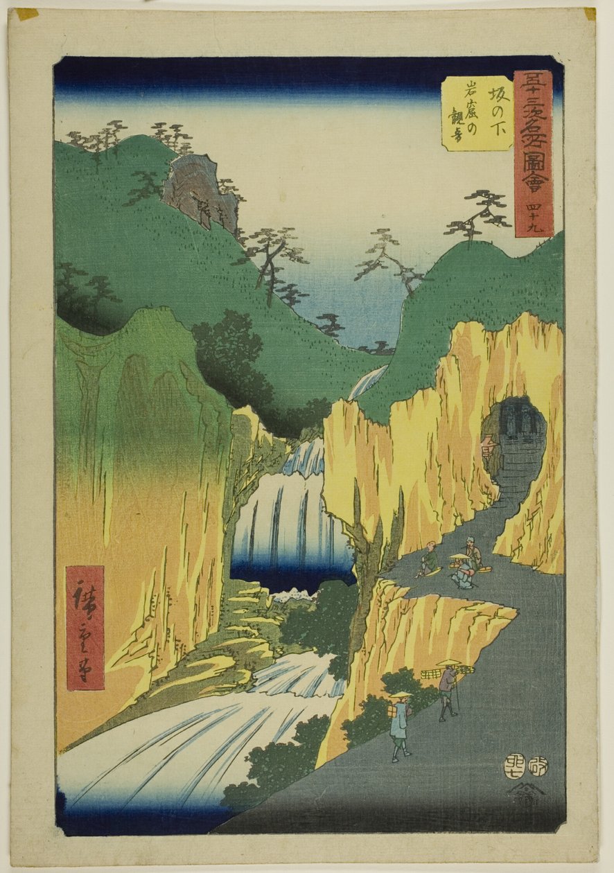 Sakanoshita: Kannon na Caverna (Sakanoshita, Gankutsu no Kannon), no. 49 da série "Paisagens Famosas das Cinquenta e Três Estações (Gojusan tsugi meisho zue)", também conhecida como Tokaido Vertical de Utagawa Hiroshige