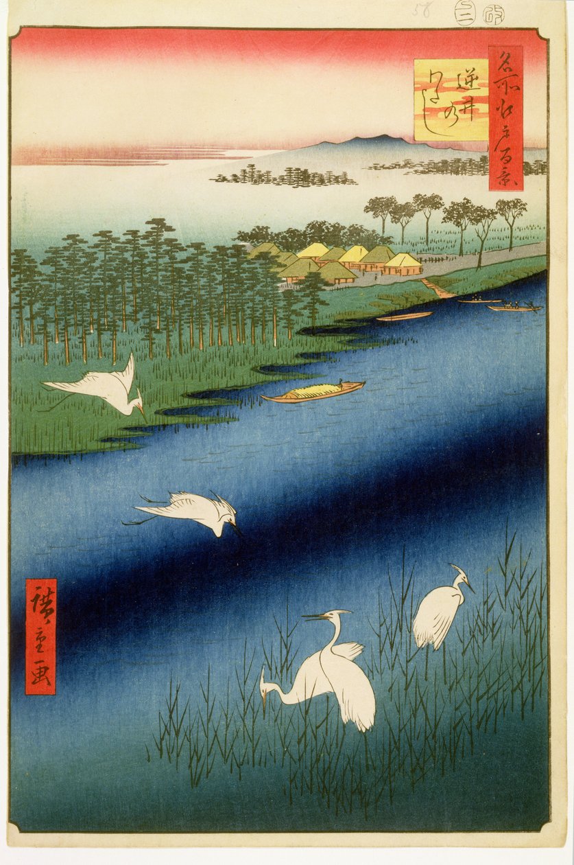 Balsa Sakasai, placa 67 da série Cem Vistas Famosas de Edo, Período Edo, Era Ansei, 1857 (xilogravura) de Utagawa Hiroshige