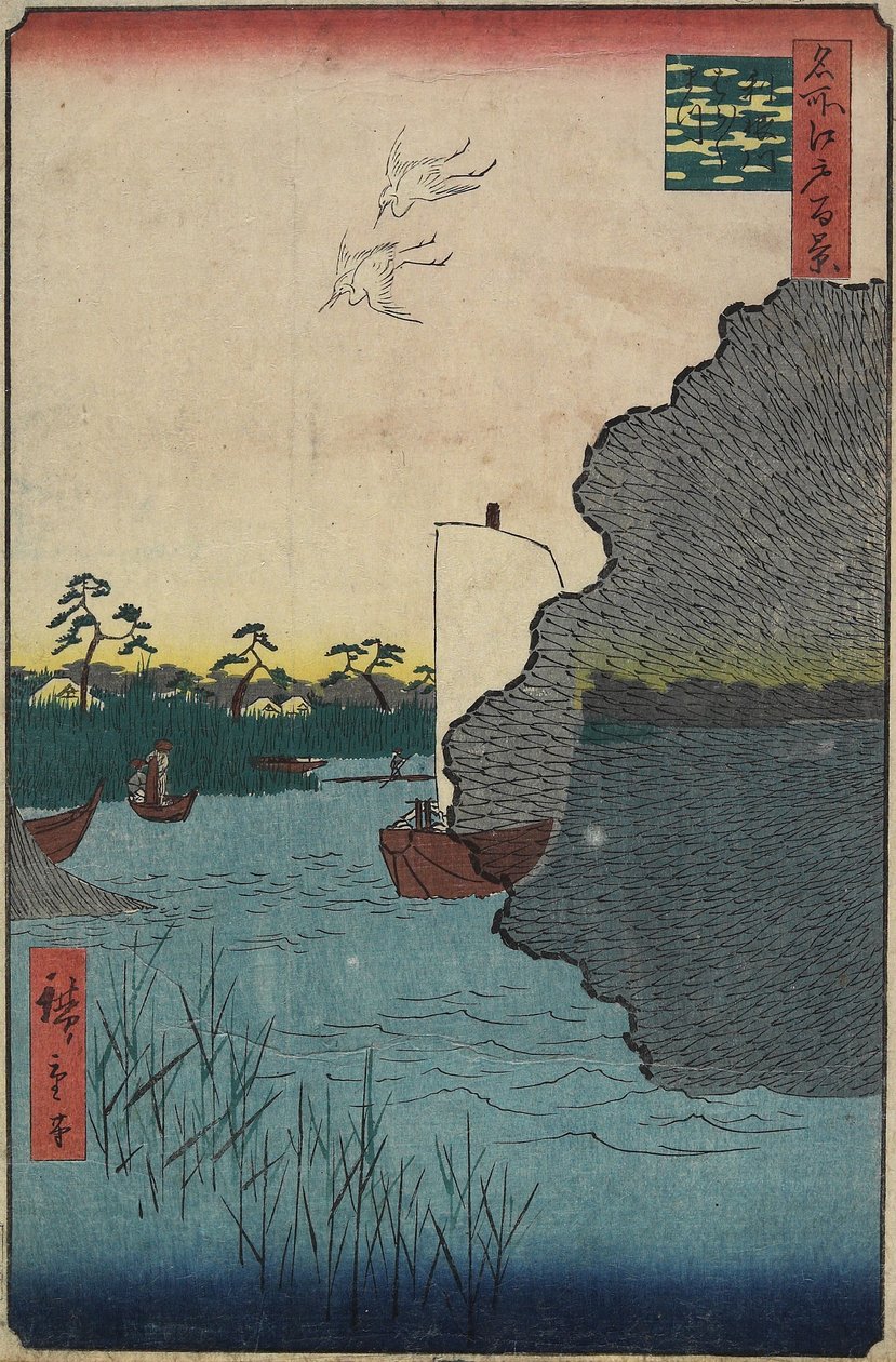 Pinheiros espalhados ao longo do Rio Tone, agosto de 1856 de Utagawa Hiroshige