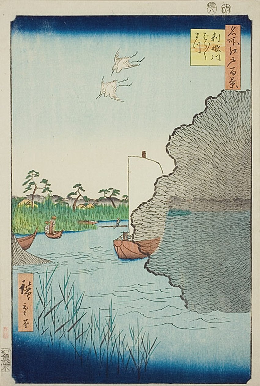Pinheiros dispersos no rio Tone (Tonegawa Barabara-matsu), n.º 71 da série "Cem vistas famosas de Edo (Meisho Edo hyakkei)" de Utagawa Hiroshige