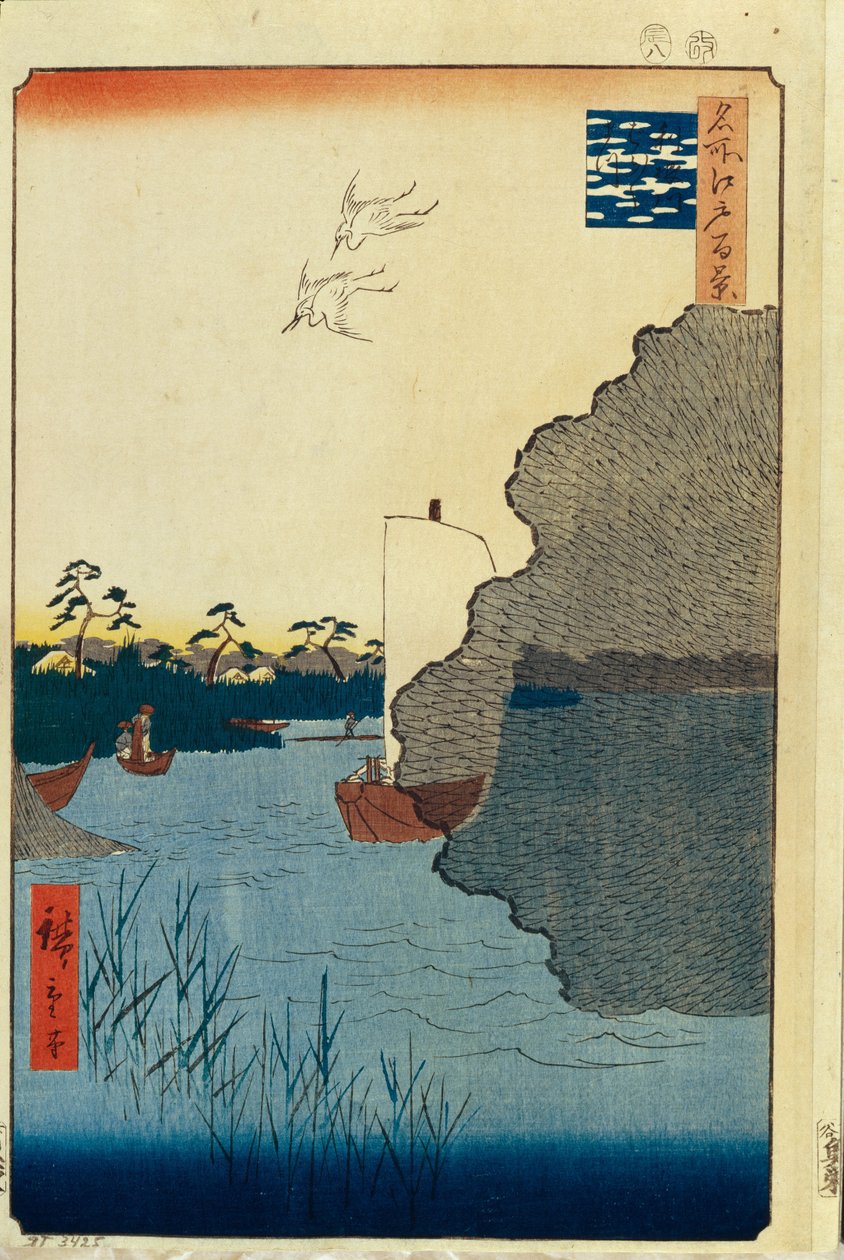 Pinheiros espalhados no rio Tone Cem vistas famosas de Edo, 1856-1858 de Utagawa Hiroshige
