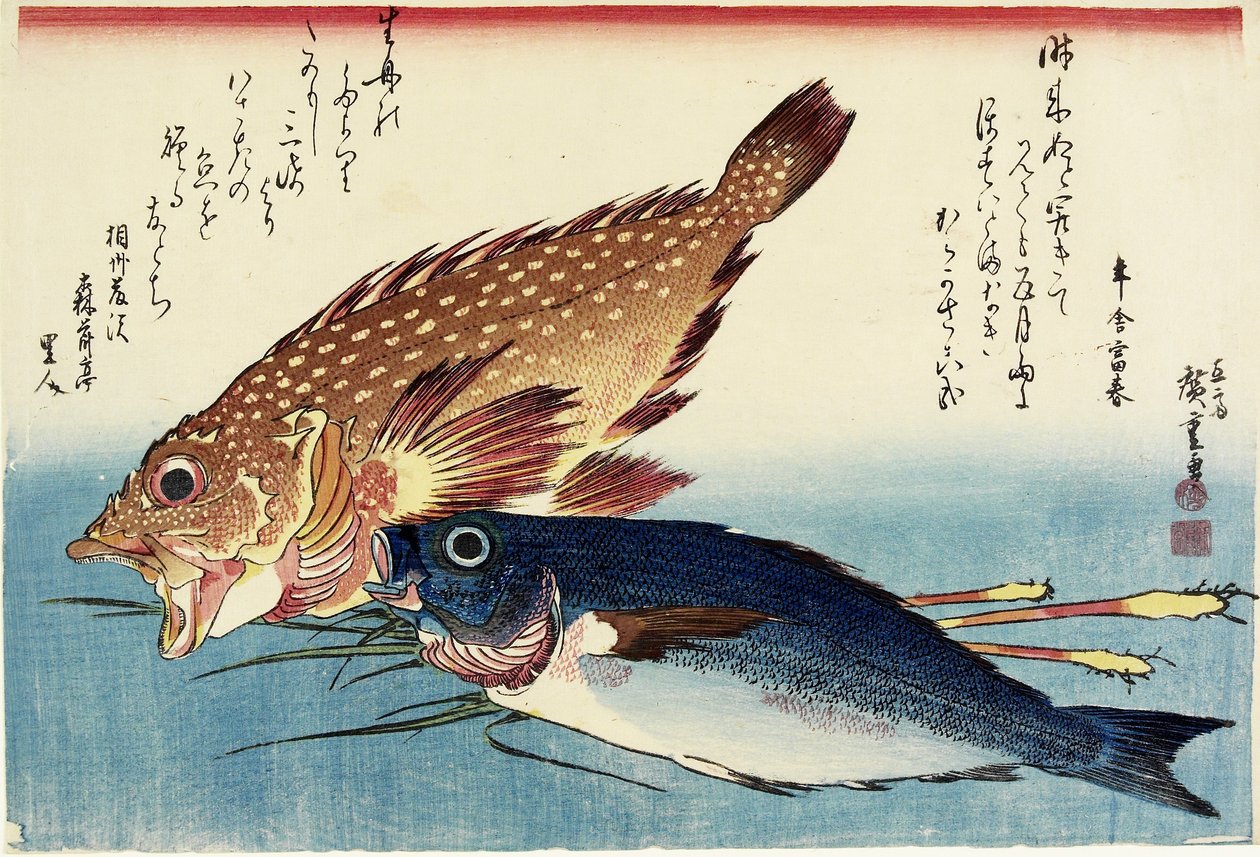 Peixe-escorpião, frango grunhido e brotos de gengibre, c. 1832 de Utagawa Hiroshige