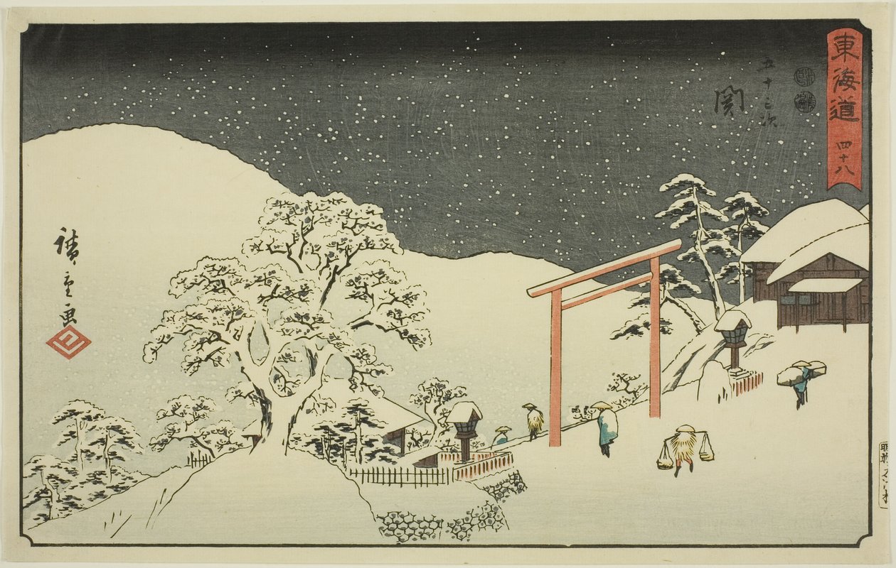 Seki—Não. 48, da série "Cinquenta e três estações do Tokaido (Tokaido gojusan tsugi)", também conhecido como Reisho Tokaido de Utagawa Hiroshige