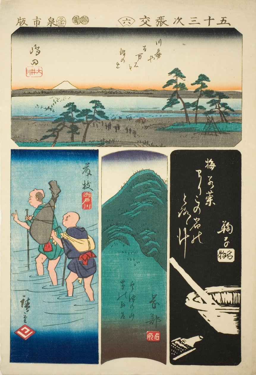 Shimada, Fujieda, Okabe e Mariko, não. 6 da série "Recortes das Cinquenta e Três Estações (Gojusan tsugi harimaze)" de Utagawa Hiroshige