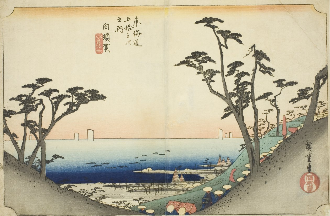 Shirasuka: Vista de Shiomi Slope (Shirasuka, Shiomizaka zu), da série "Cinquenta e três estações do Tokaido (Tokaido gojusan tsugi no uchi)", também conhecido como Hoeido Tokaido de Utagawa Hiroshige