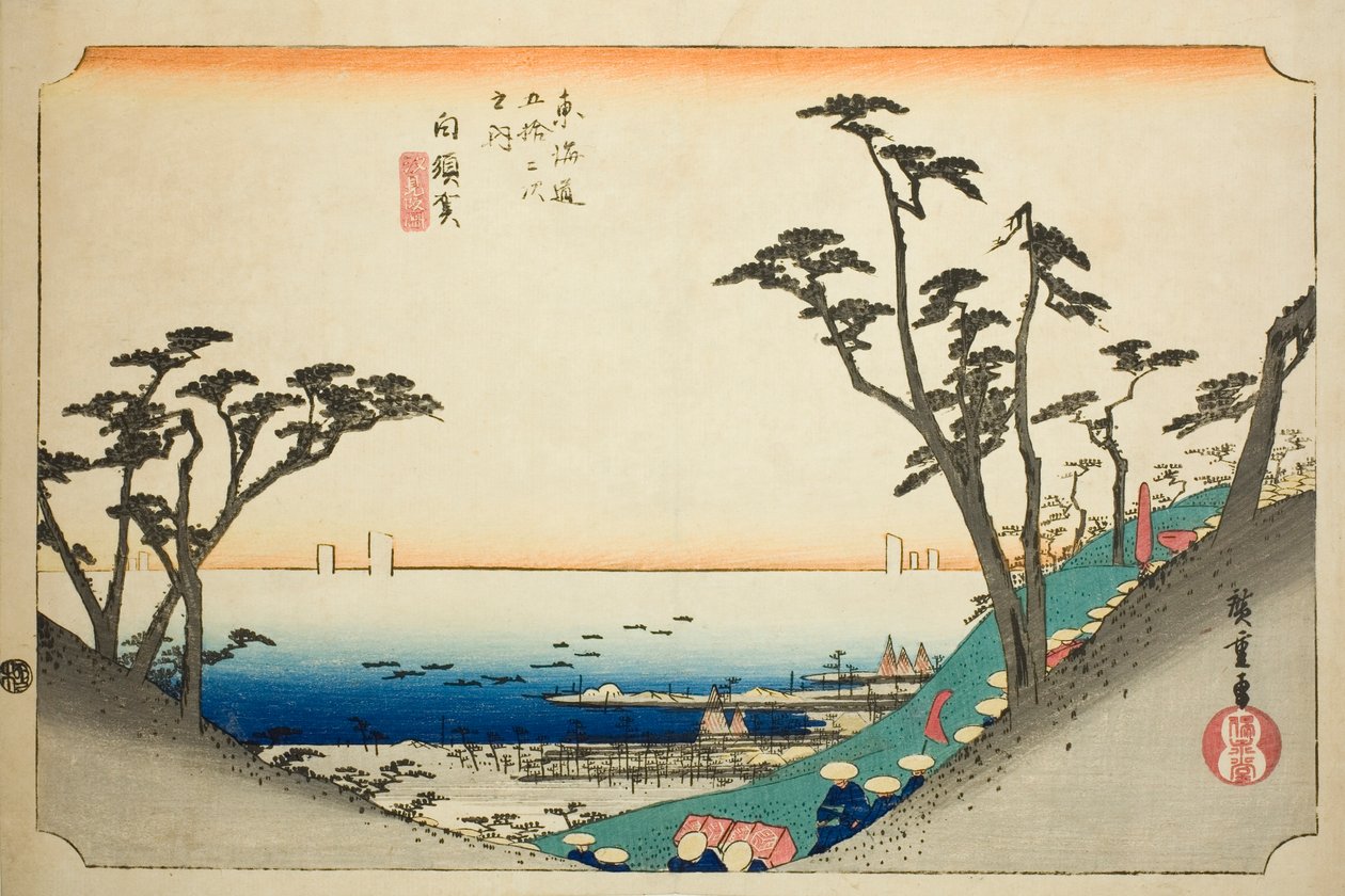 Shirasuka: Vista de Shiomi Slope (Shirasuka, Shiomizaka zu), da série "Cinquenta e três estações do Tokaido (Tokaido gojusan tsugi no uchi)", também conhecido como Hoeido Tokaido de Utagawa Hiroshige
