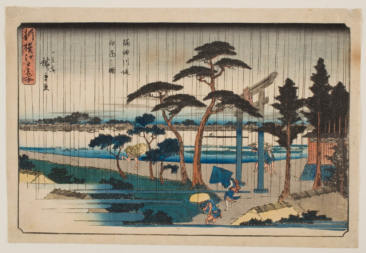 Chuva num aterro do rio Sumida, da série «Nova Seleção de Locais Famosos de Edo» de Utagawa Hiroshige