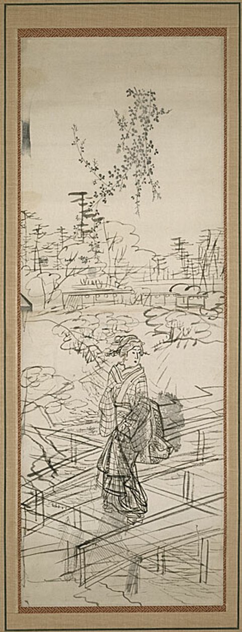Esboço de uma mulher a atravessar uma ponte de Utagawa Hiroshige