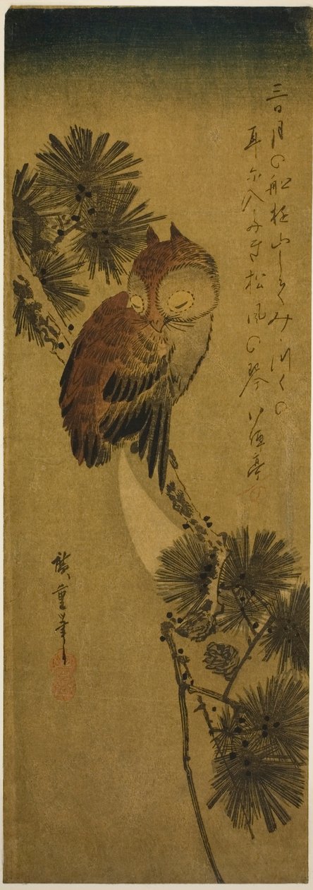 Coruja de chifre pequeno, pinheiro e lua crescente de Utagawa Hiroshige