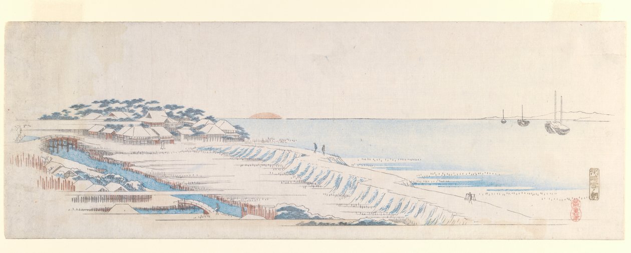 Snow Dawn at Susaki, do conjunto de folhas de carta, c.1839-40 (impressão em xilogravura a cores) de Utagawa Hiroshige