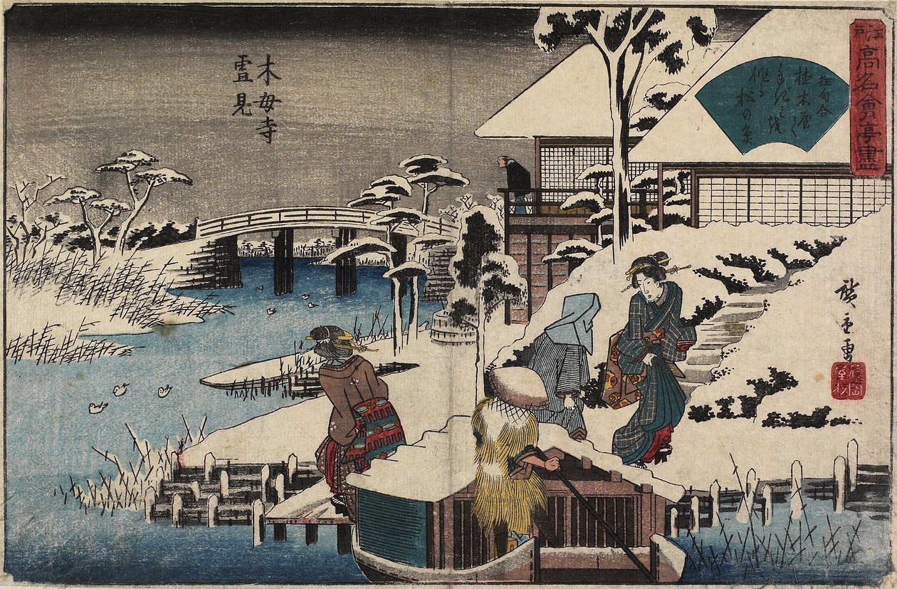 Cena da neve no templo de Mokubo-ji e no restaurante Uekiya, c. 1835-1842 de Utagawa Hiroshige