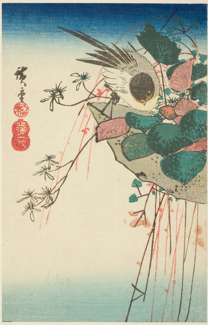 Pardal em um plantador pendurado de Utagawa Hiroshige