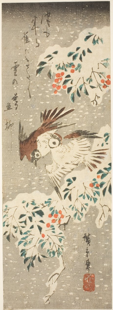 Pardais esvoaçando sobre Nandina coberta de neve enquanto mais neve cai de Utagawa Hiroshige